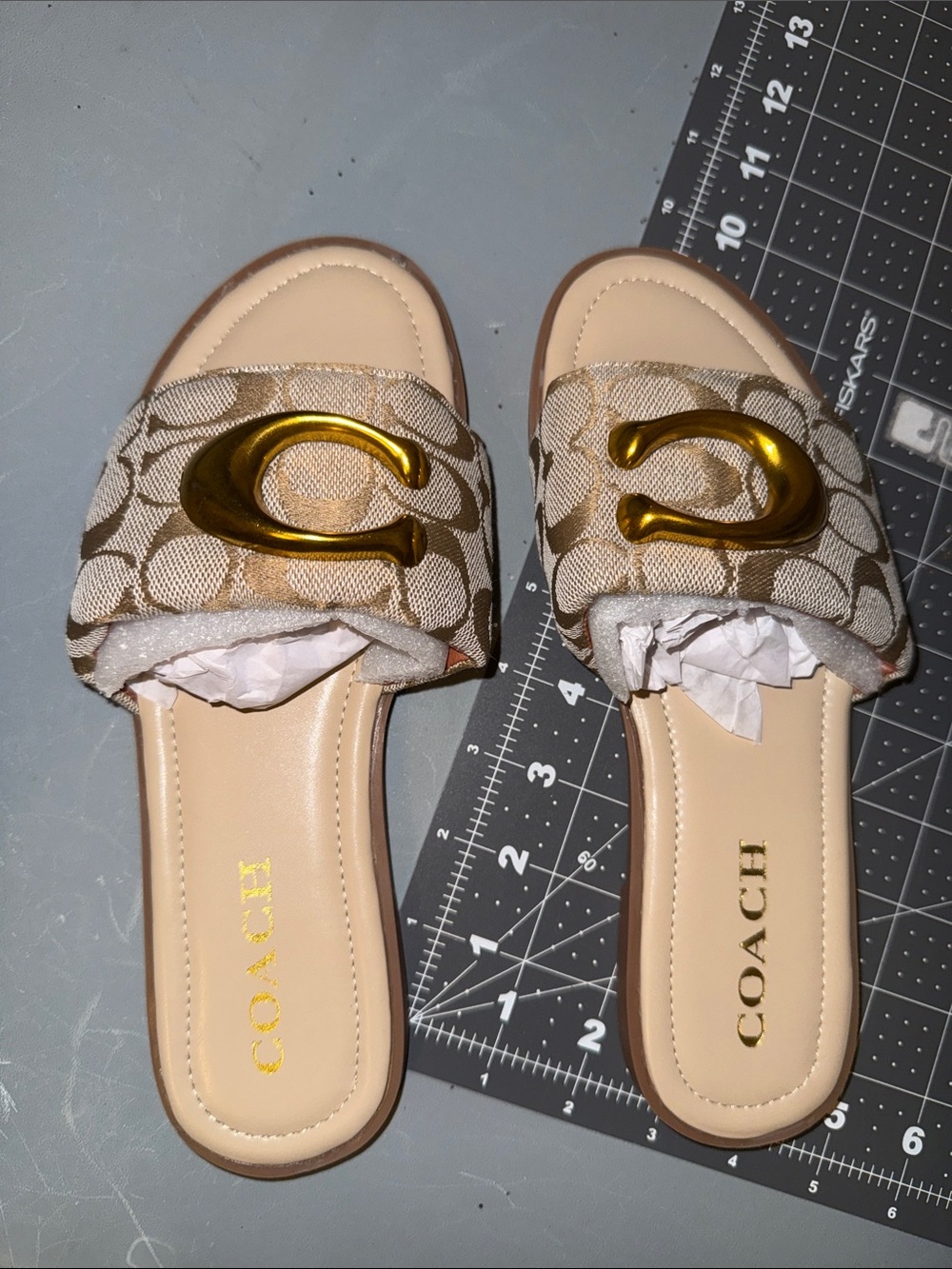 Coach Beige Signature Canvas Slide Mules with Gold 'C' $45